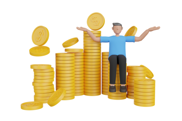 3d illustration of the benefits of saving 3d rendering concept of money saving icon money management dollar bill coin pie chart arrow graph purple background 3d render png